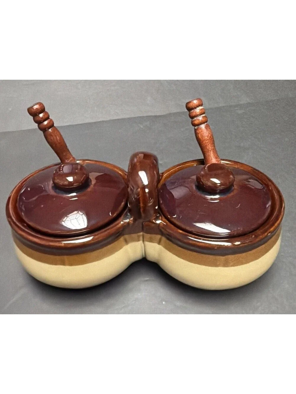 Vintage Stoneware Two-Tone Brown Tan Double Condiment Set Lids Spoons Taiwan